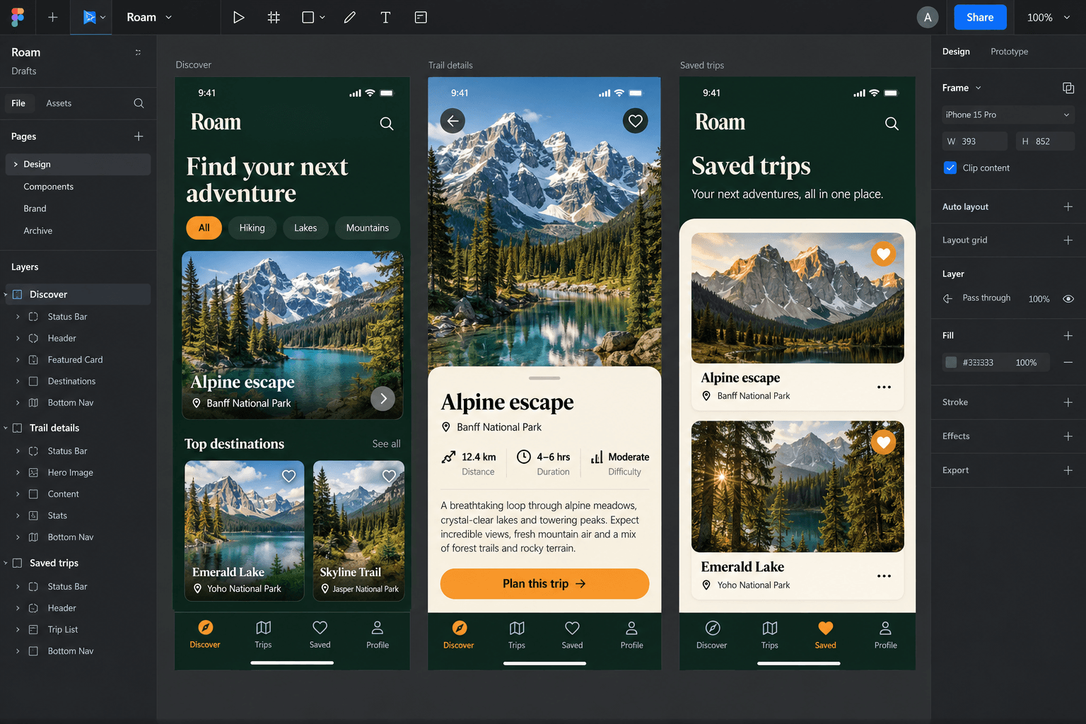Illustrative Roam travel app in Figma, with Discover, Trail details and Saved trips screens from left to right